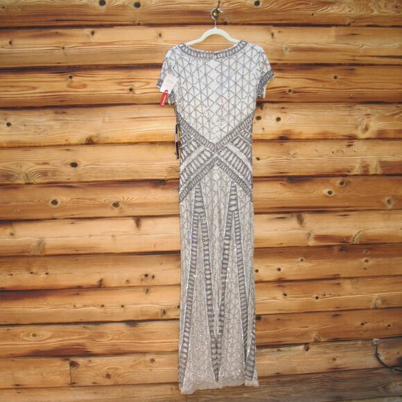 LARA  Beaded V  Neck Neckline Dress Gown Cap Sleeves - Picture 9 of 13